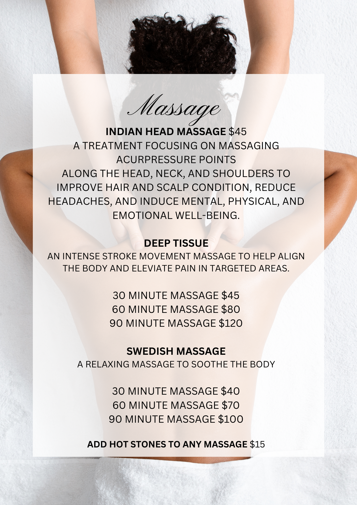 Discover massage services at Casa D'Blanca Nails and Spa in Grimsby, Ontario. Choose from Indian Head Massage, Deep Tissue, and Swedish Massage to relieve tension, soothe the body, and enhance well-being.