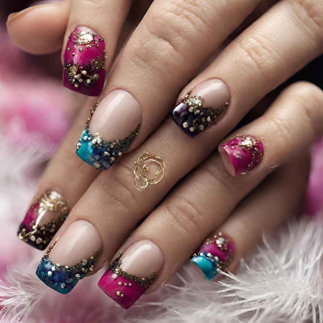 Luxurious nail polish application featuring a vibrant French tip design with rich pink, blue, and purple tones, adorned with intricate gemstone and metallic embellishments for an opulent finish.